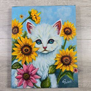 Folk Art Cat Kitten Sunflowers Original Painting Acrylic on Canvas 8x10 Signed